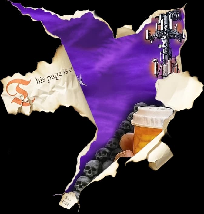 A tear in the page reveals something beyond